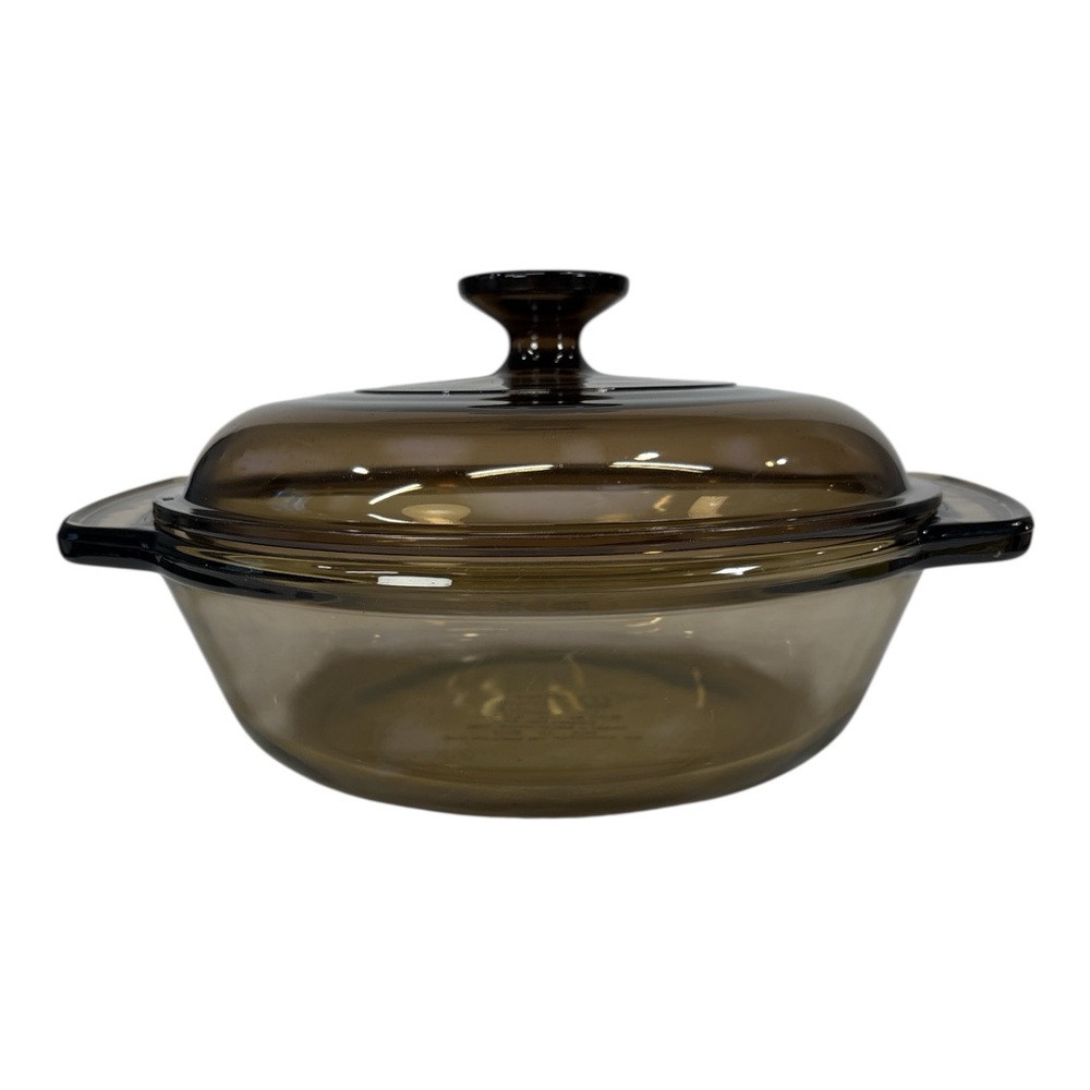 Vintage Anchor Ovenware Casserole 8.25" Round 1.5 Qt w/ Lid Brown Glass 1037 USA